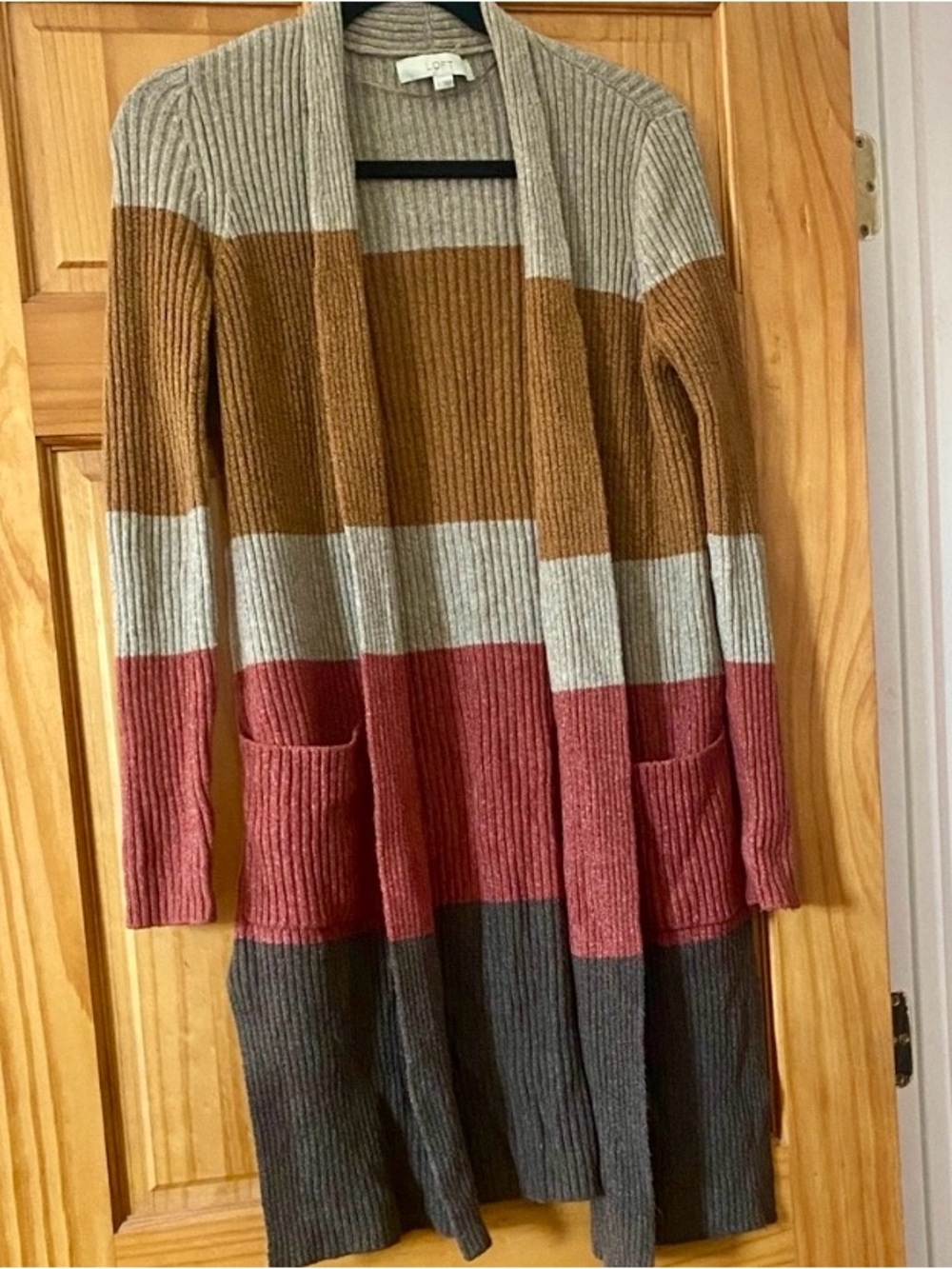 LOFT Long Colorblock Ribbed Open Front Cardigan Sweater Small - Picture 6 of 12